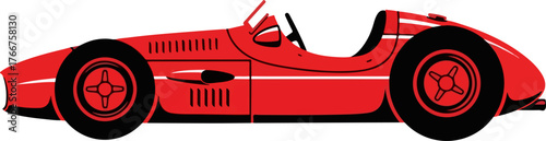 Classic red race car illustration against a black background in retro style