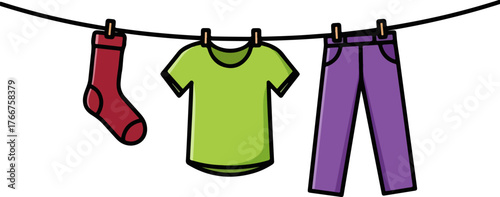Clothesline with sock shirt and pants hanging against a dark background vector