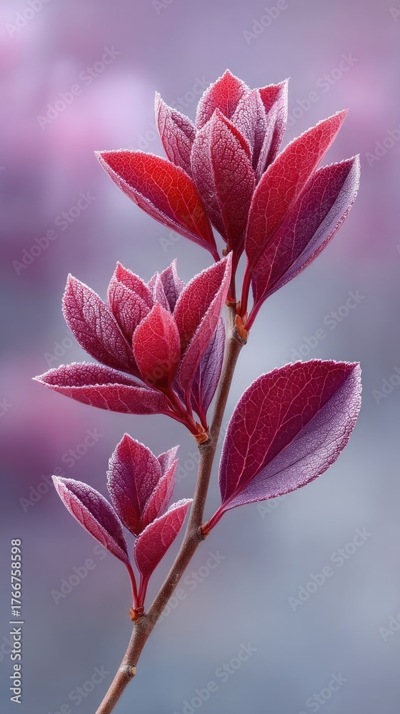 Fototapeta premium Macro View of Deep Red Foliage Covered in Frost with Soft Purple Hues in the Background