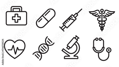 Modern healthcare and scientific research thin line vector icon collection