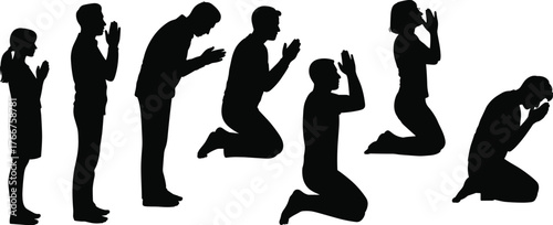 Silhouette people praying, worship, meditation, spiritual devotion, kneeling, bowing, religion, faith, humility, supplication, prayer sequence, sacred ritual, spirituality, belief, culture, tradition,