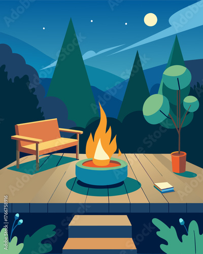 An outdoor deck with a fire pit providing a cozy and serene atmosphere for working from a distance.. Vector illustration