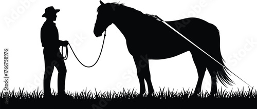Silhouette horse with cowboy holding rope, man leading horse on grass, western ranch scene, animal training, cowboy lifestyle, equestrian bond, countryside farming illustration