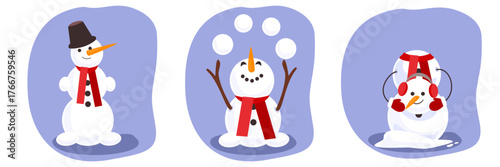 Cute set of three snowmen in different poses — smiling, juggling snowballs, and holding their own head. Fun winter illustration for Christmas cards, children’s design, and festive decor.