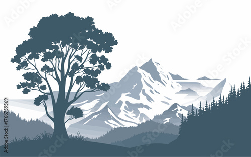 Minimalist Landscape Illustration of Tree and Mountain Scenery