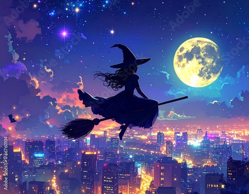 Sorcière moderne survolant la ville – magie et féminité dans un univers urbain