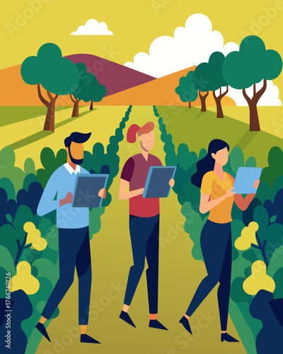 A team of employees hike through the vineyard laptops in hand to find the perfect spot to set up their temporary outdoor office.. Vector illustration