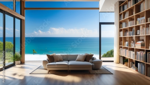 luxurious living room beautiful view ocean has high bookshelf background home