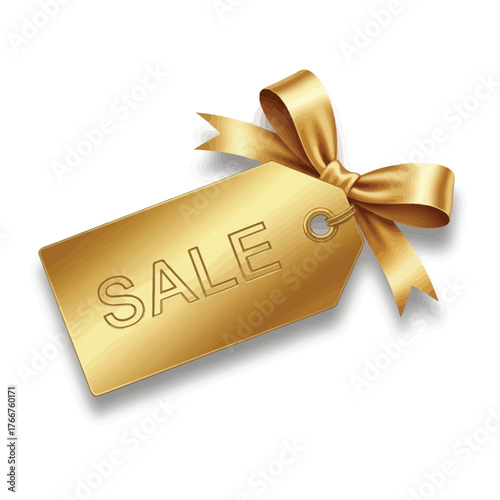 Golden sale tag with ribbon isolated on white background, offering a discount on products and services for a limited time, attracting customers with savings