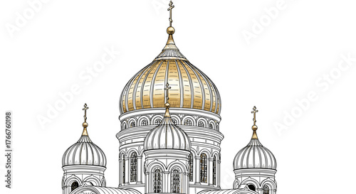 Orthodox cathedral domes with gold accents line art illustration