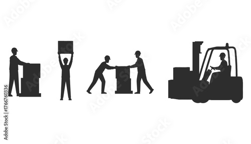 A collection of vector silhouette workers move cargo with forklift in warehouse