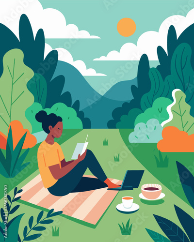 After a long day of work a freelancer settles down on a cozy blanket in the botanical sanctuary enjoying a picnic surrounded by the serenity and beauty of their natural office.. Vector illustration