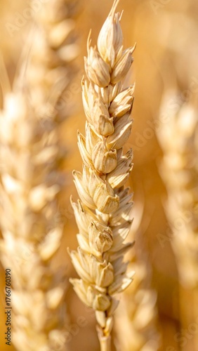 Close up wheat ears showing golden grains and natural organic plant texture