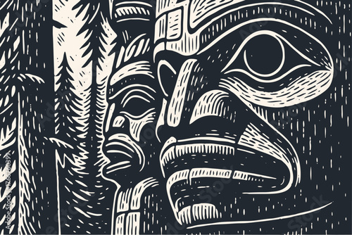 Pacific Northwest totem poles in a pine forest. Traditional Indigenous art in a classic monochrome woodcut or linocut vector print style.