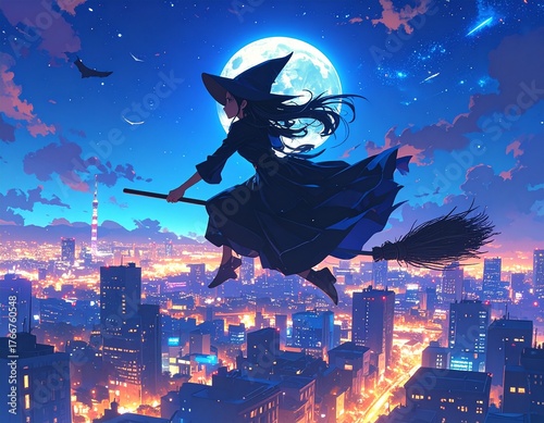 Sorcière moderne survolant la ville – magie et féminité dans un univers urbain