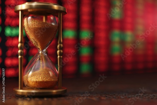 Classic hourglass with a blurred stock market background.