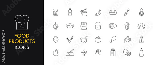 Food products line icon set, outline web icon collection containing Bread, Cheese, Fruit and more, vector illustration in line style.