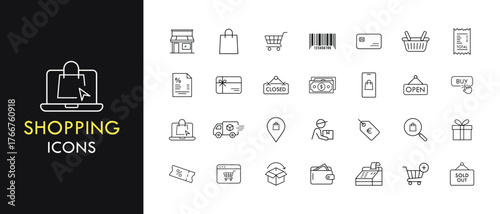 Shopping line icon set, outline web icon collection containing Cart, Bag, Tag and more, vector illustration in line style.