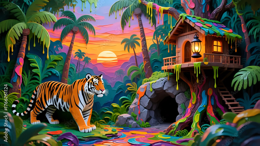 Fototapeta premium Tiger in forest drip art