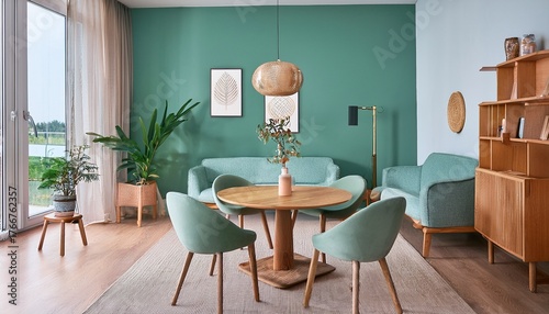 mint color chairs at round wooden dining table in room with sofa and cabinet near green wall scandinavian mid century home interior design of modern living room
