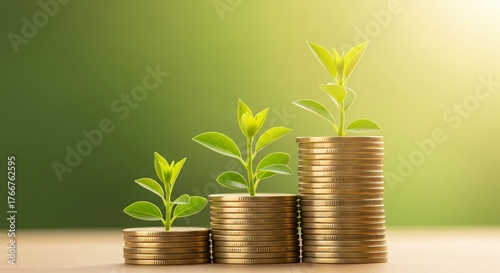 Saplings with roots on coin steps, symbolizing steady secure growth