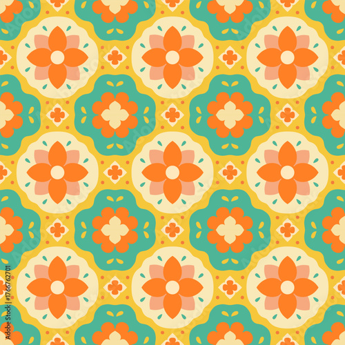 orange Retro Floral Tile Seamless Pattern