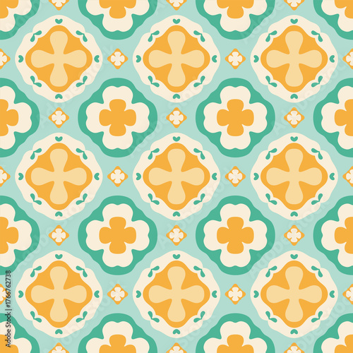 Mint and Mustard Quatrefoil Tile Seamless Pattern
