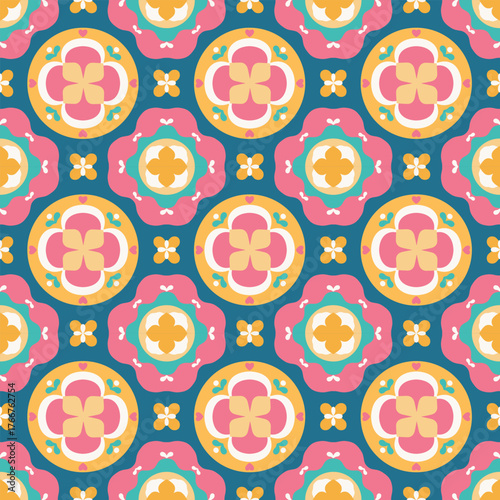 Pink Teal Floral Medallion Seamless Pattern
