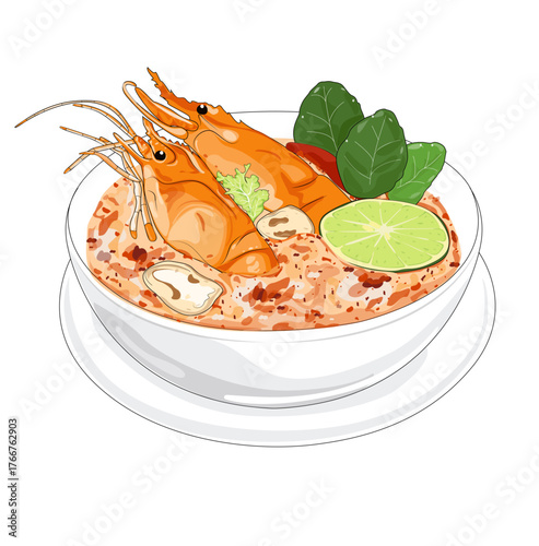 ต้มยำกุ้ง Tom Yum Goong, Thai food T̂mya kung  spicy prawn soup 