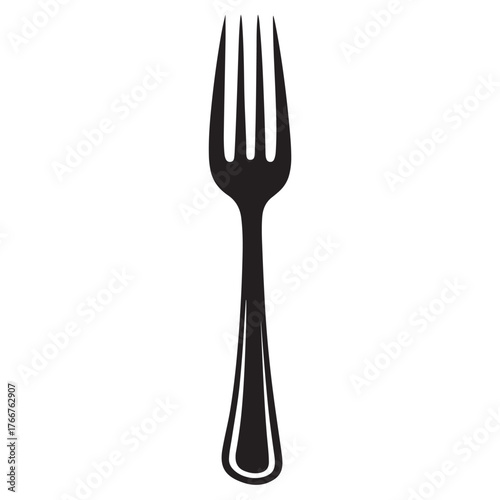 A modern black and white illustration of a fork, the Fork Icon exudes simplicity and style, making it perfect for incorporation into restaurant menus, cooking blogs, or any design with a culinary