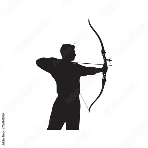  Silhouette of a man aiming bow and arrow against clean white background.