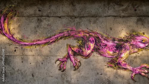 Abstract depiction of a fantasy creature with reptilian and avian features, artistic rendition on