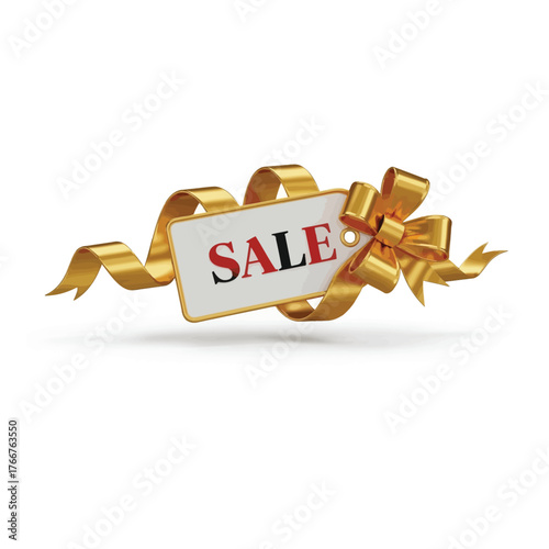 Sale tag with golden ribbon and bow, isolated on white background the tag has the word sale written in red and black letters