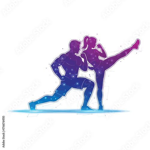 Dynamic illustration of a man and woman engaged in martial arts training with a cosmic galaxy effect, isolated on white background, showcasing strength and fitness