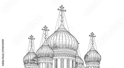 Orthodox cathedral domes in black and white line drawing