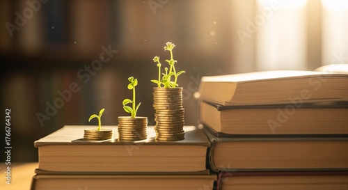 Coins and saplings on books, symbolizing knowledge leading to wealth