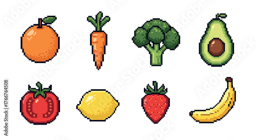 Retro pixel art fruits and vegetables set with avocado broccoli and more