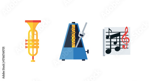 Colorful music icons featuring trumpet, metronome, and sheet music with treble clef