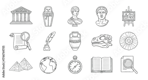 Line art icons of historical artifacts and symbols in ancient cultures