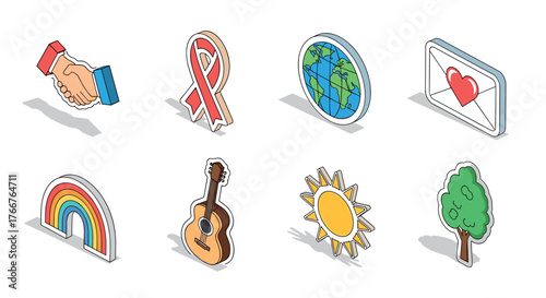 Colorful set of diverse 3d icons including handshake, ribbon, globe, and more