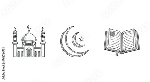 Islamic symbols: mosque, crescent moon, and open book in detailed sketch