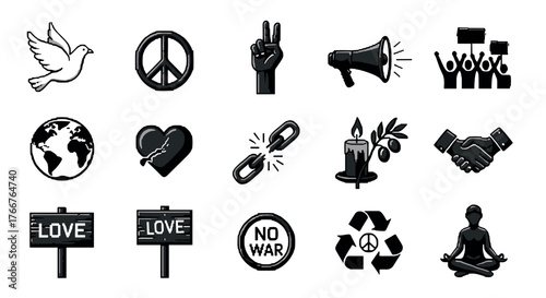 Monochrome icons representing peace and unity themes in pixel art style
