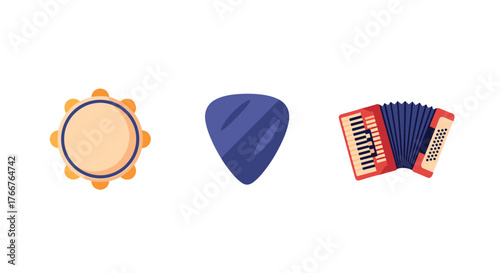 Colorful musical instruments: tambourine, guitar pick, accordion in flat design