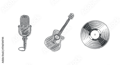 Retro music theme: vintage microphone, acoustic guitar, vinyl record in sketch style