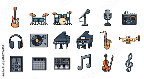 Pixel art musical instruments collection: guitars, drums, pianos, microphones, and more