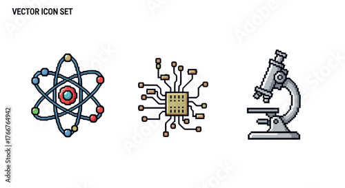 Retro pixel art icons featuring atom, circuit, and microscope for scientific themes
