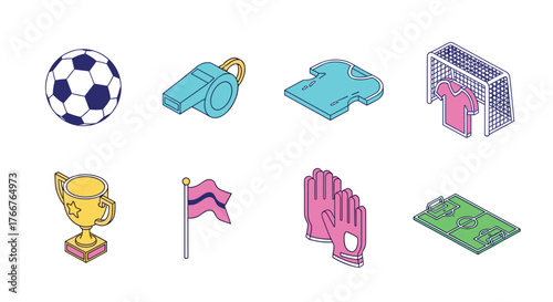 Isometric soccer elements set: ball, whistle, jersey, goal, trophy, flag, gloves, field