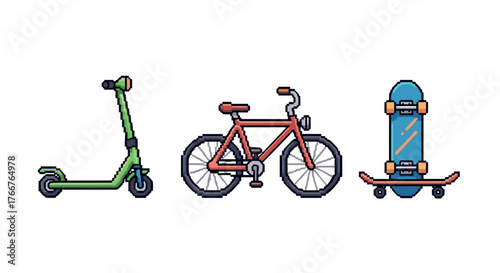 Pixel art urban transport: scooter, bicycle, skateboard set