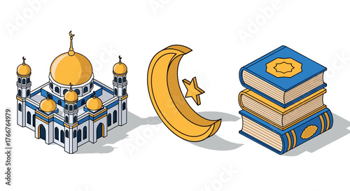Isometric mosque crescent moon and books: islamic symbols and culture
