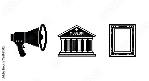 Pixel art icons: megaphone, museum, and picture frame in black and white